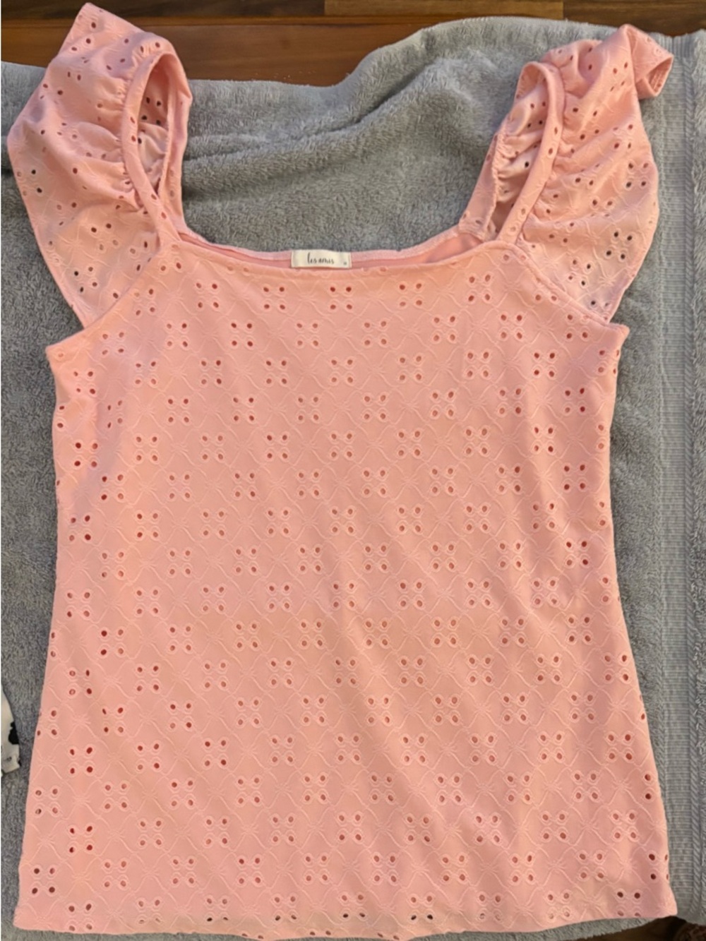 Les Lunes Soft Pink Eyelet Square-Neck Flutter Sleeve Top
